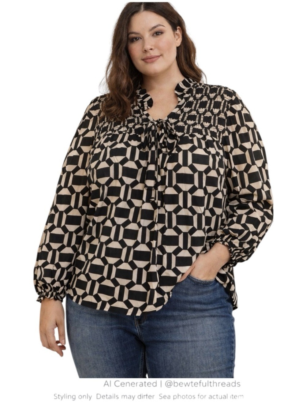 Boho Geometric Smocked Blouse 2X Metallic Thread Tie Neck Top